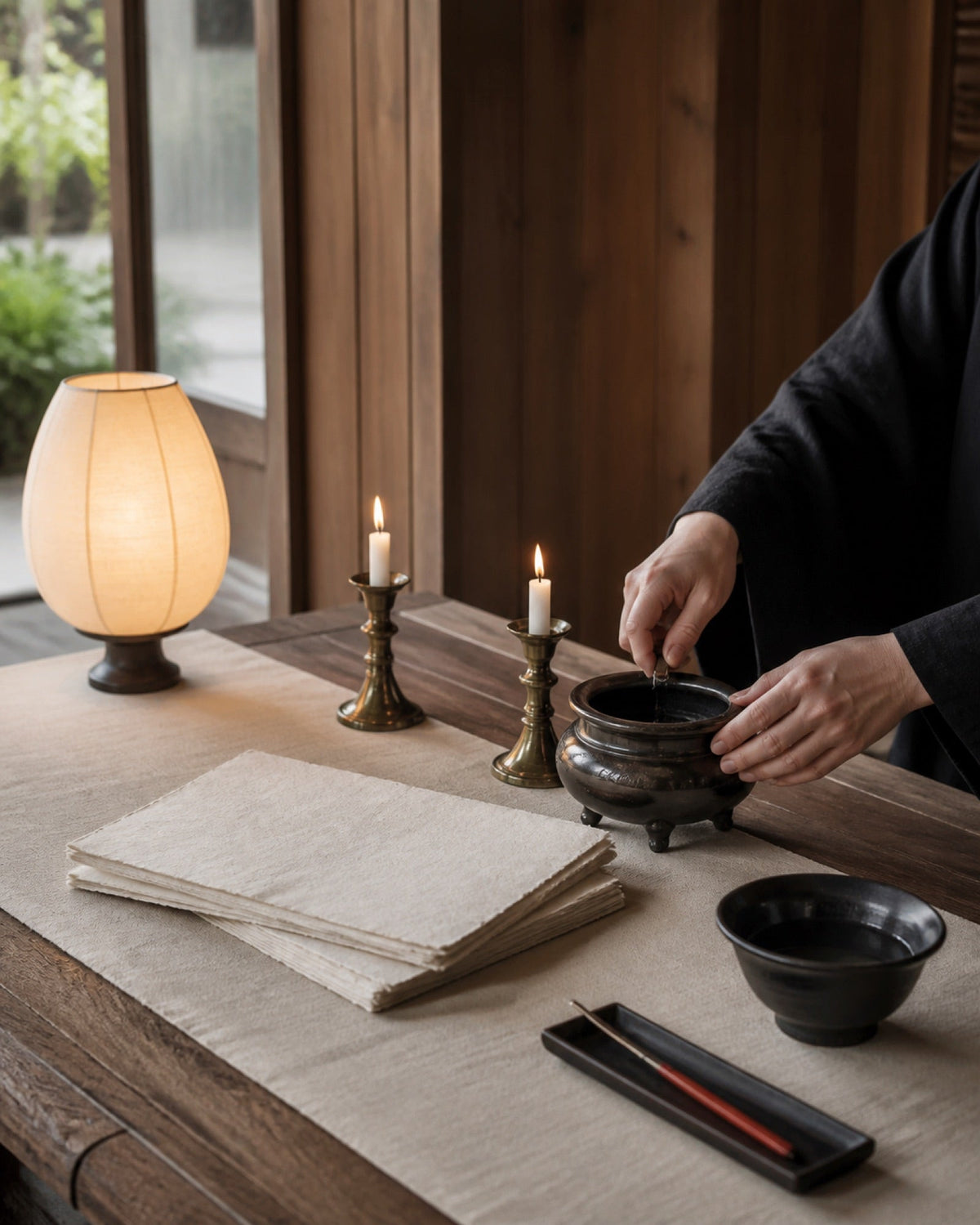 Hands preparing paper and ceremonial objects in warm natural light