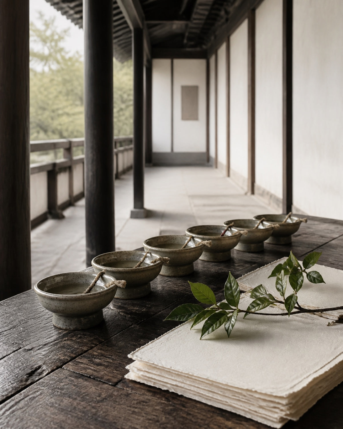 Quiet Taoist temple corridor with modest offering vessels